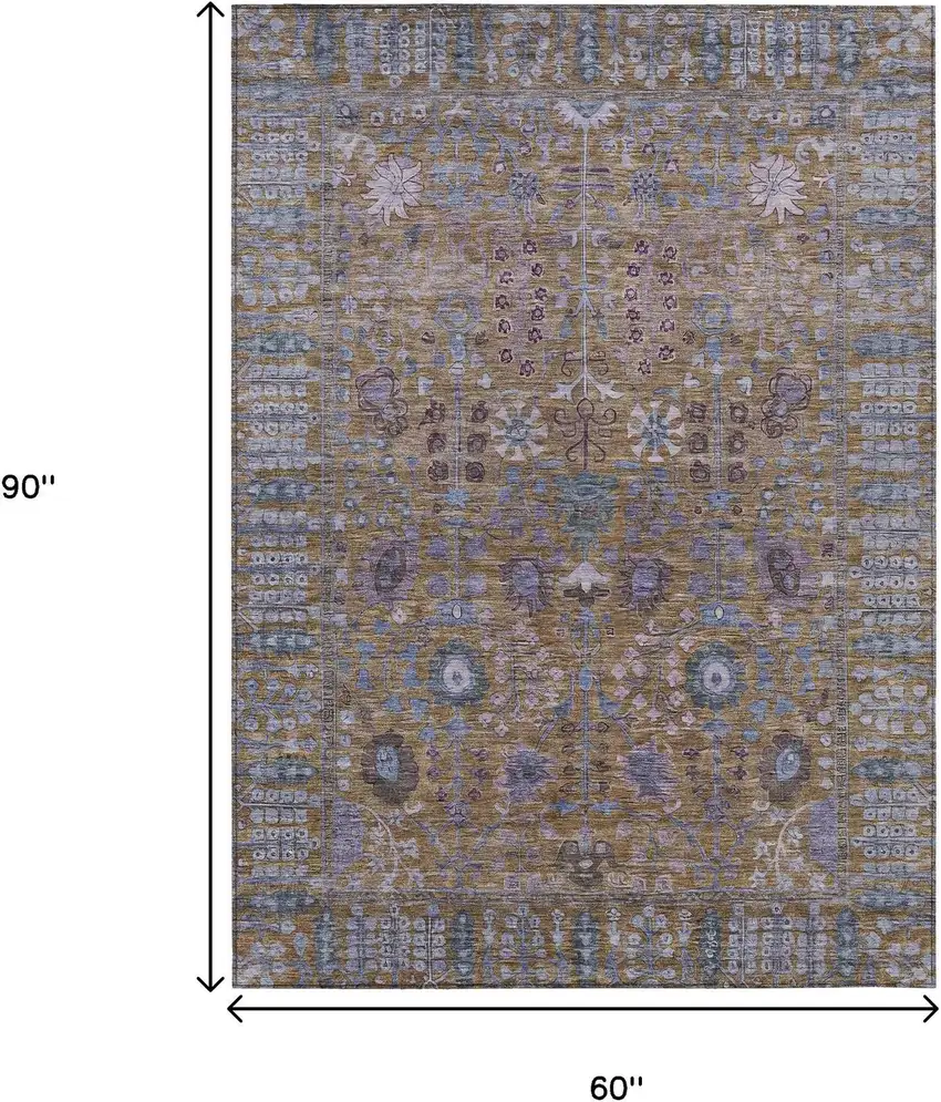 Brown And Blue Floral Washable Indoor Outdoor Area Rug Photo 9