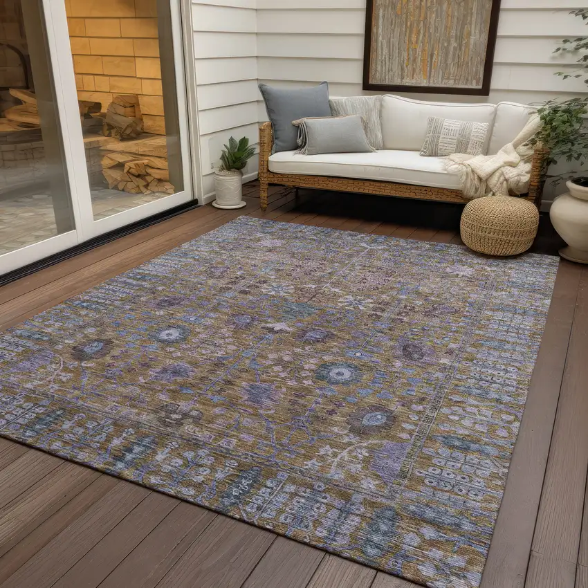Brown And Blue Floral Washable Indoor Outdoor Area Rug Photo 9