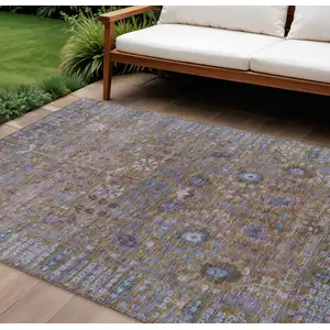 Photo of Brown And Blue Floral Washable Indoor Outdoor Area Rug