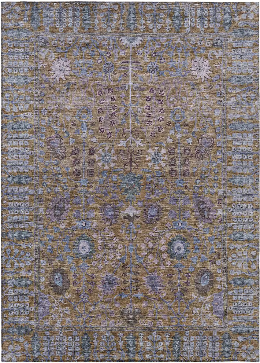 Brown And Blue Floral Washable Indoor Outdoor Area Rug Photo 2
