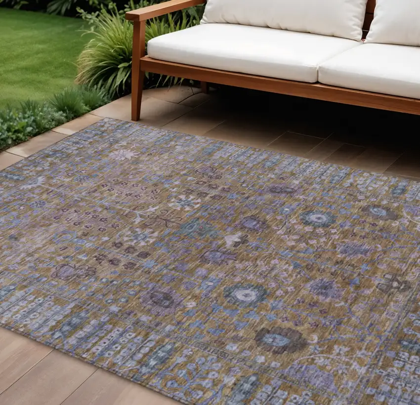 Brown And Blue Floral Washable Indoor Outdoor Area Rug Photo 1