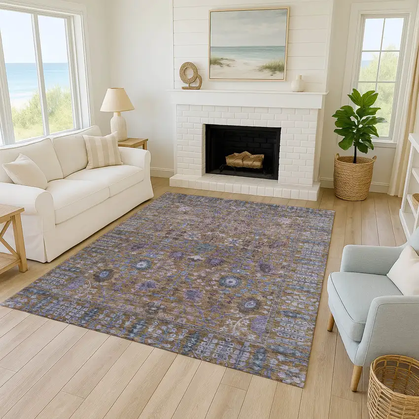 Brown And Blue Floral Washable Indoor Outdoor Area Rug Photo 7