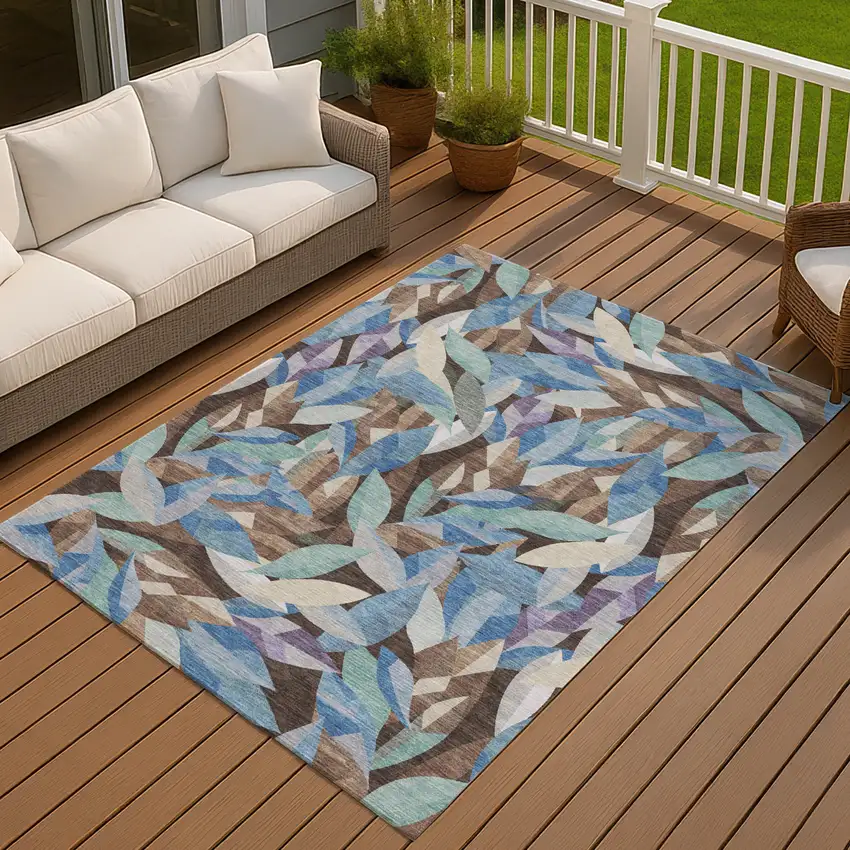 Brown And Blue Floral Washable Indoor Outdoor Area Rug Photo 4