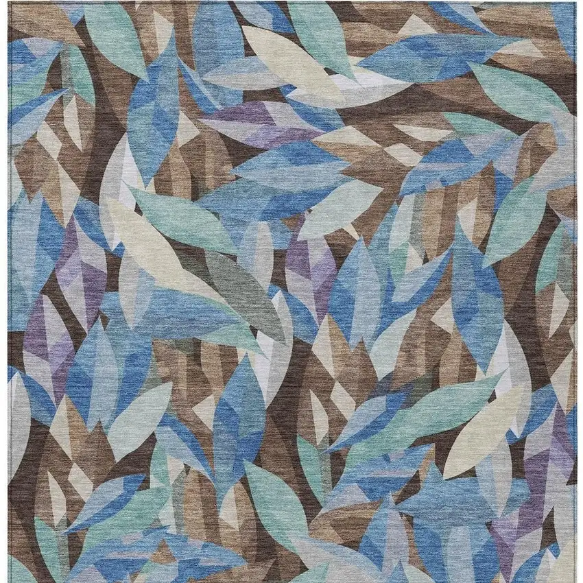 Brown And Blue Floral Washable Indoor Outdoor Area Rug Photo 2