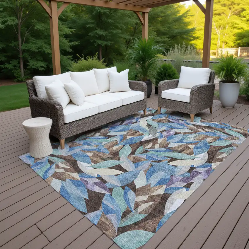 Brown And Blue Floral Washable Indoor Outdoor Area Rug Photo 7