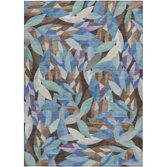 Brown And Blue Floral Washable Indoor Outdoor Area Rug Photo 3