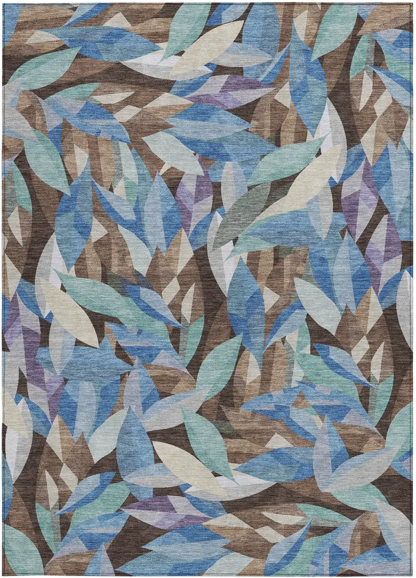 Brown And Blue Floral Washable Indoor Outdoor Area Rug Photo 3