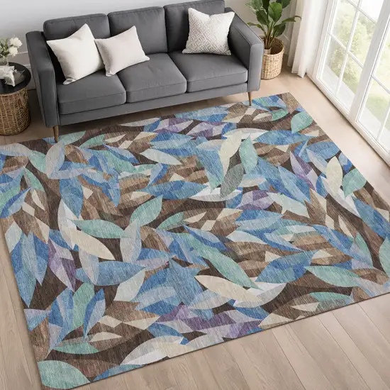 Brown And Blue Floral Washable Indoor Outdoor Area Rug Photo 5
