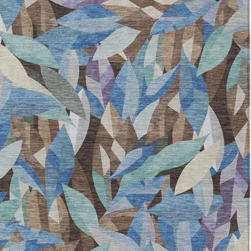 Brown And Blue Floral Washable Indoor Outdoor Area Rug Photo 2