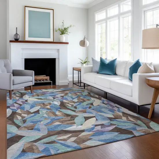 Brown And Blue Floral Washable Indoor Outdoor Area Rug Photo 6