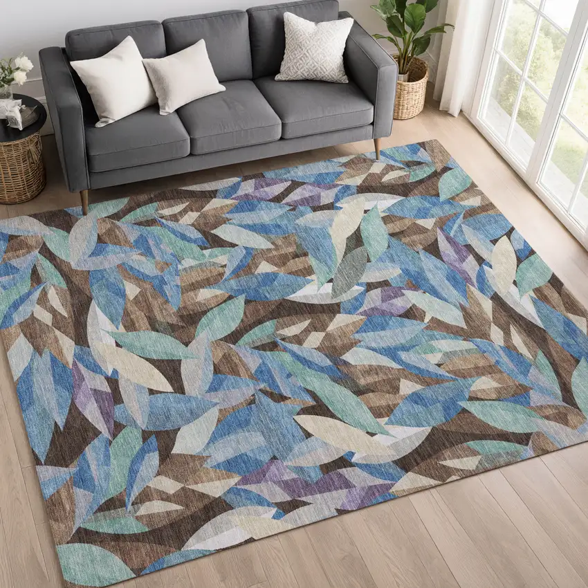 Brown And Blue Floral Washable Indoor Outdoor Area Rug Photo 5