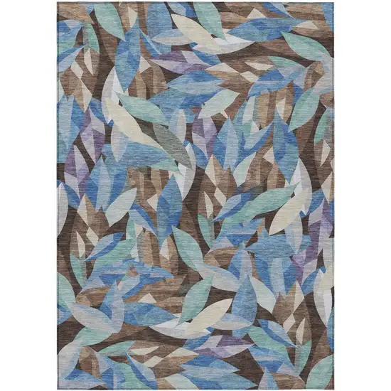 Brown And Blue Floral Washable Indoor Outdoor Area Rug Photo 1