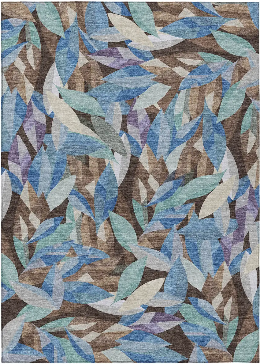 Brown And Blue Floral Washable Indoor Outdoor Area Rug Photo 1
