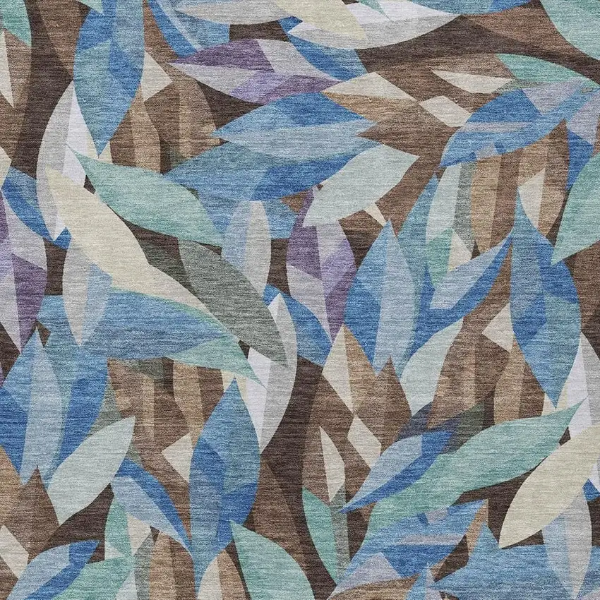 Brown And Blue Floral Washable Indoor Outdoor Area Rug Photo 2