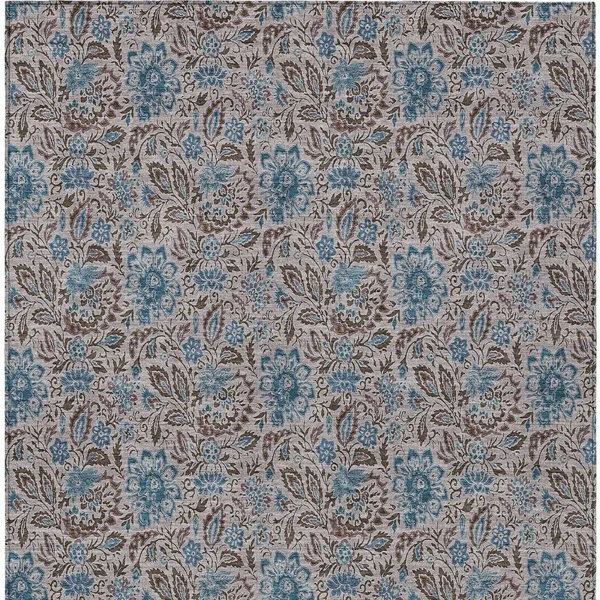 Brown And Blue Floral Washable Indoor Outdoor Area Rug Photo 7