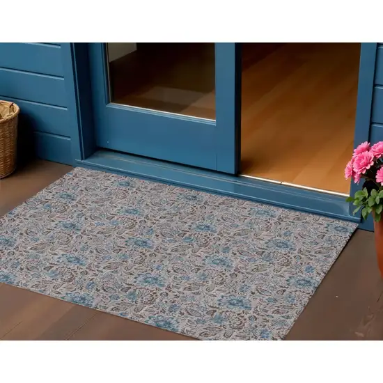 Brown And Blue Floral Washable Indoor Outdoor Area Rug Photo 1