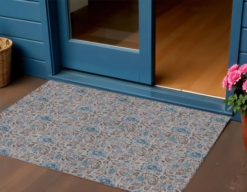 Brown And Blue Floral Washable Indoor Outdoor Area Rug Photo 1