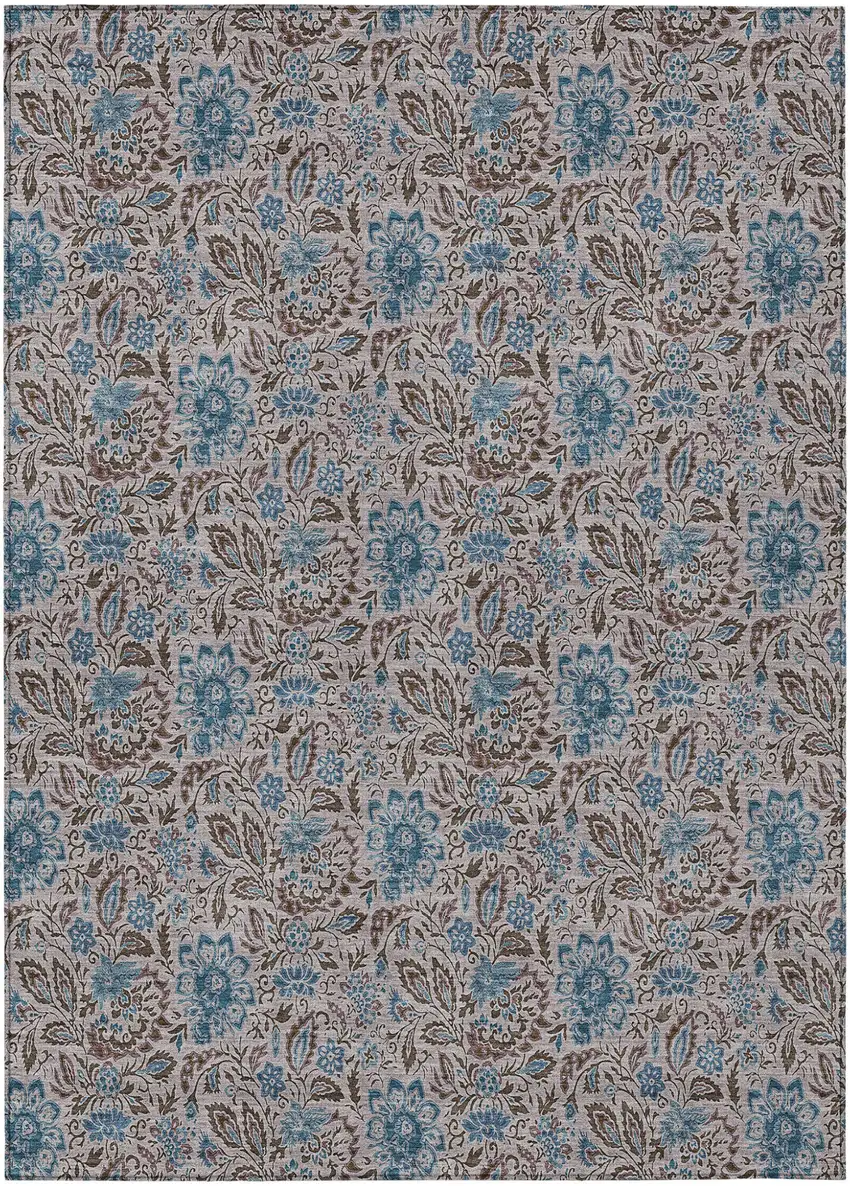Brown And Blue Floral Washable Indoor Outdoor Area Rug Photo 2
