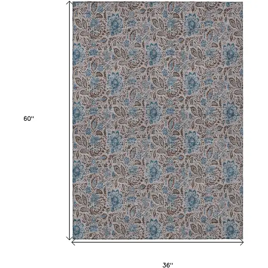Brown And Blue Floral Washable Indoor Outdoor Area Rug Photo 3
