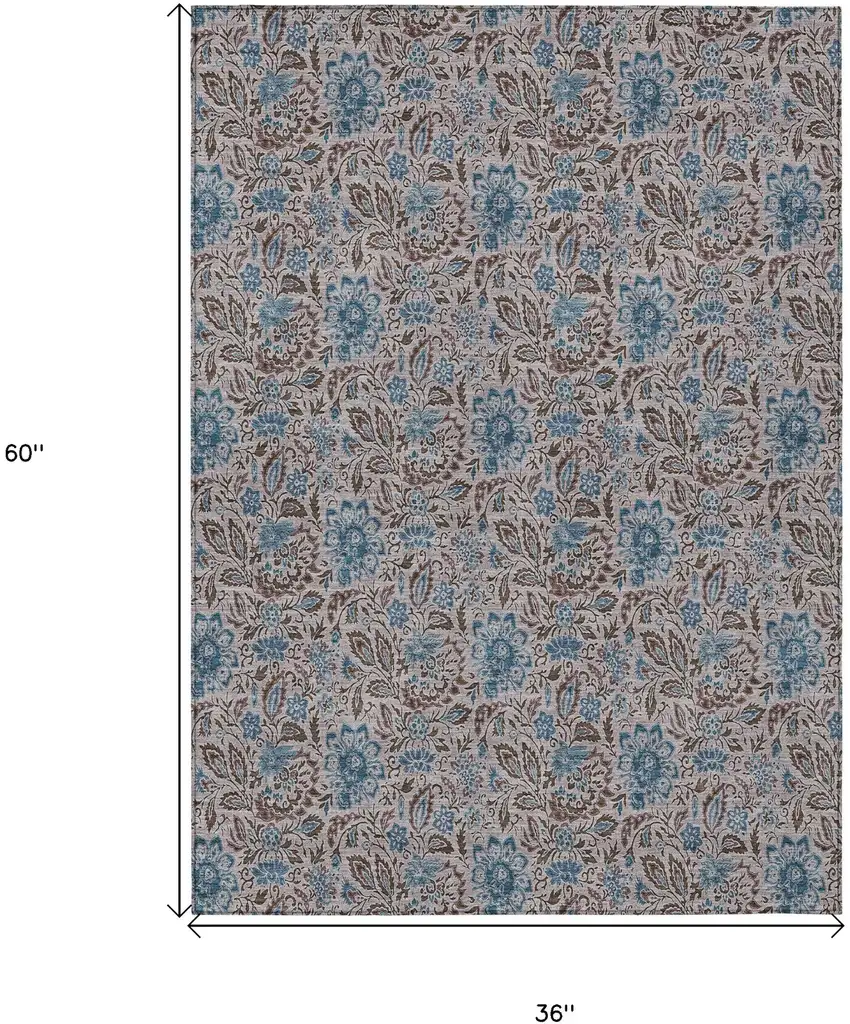 Brown And Blue Floral Washable Indoor Outdoor Area Rug Photo 3