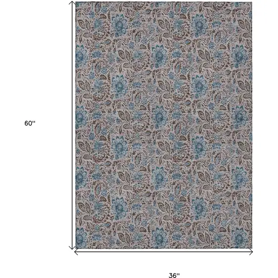 Brown And Blue Floral Washable Indoor Outdoor Area Rug Photo 3
