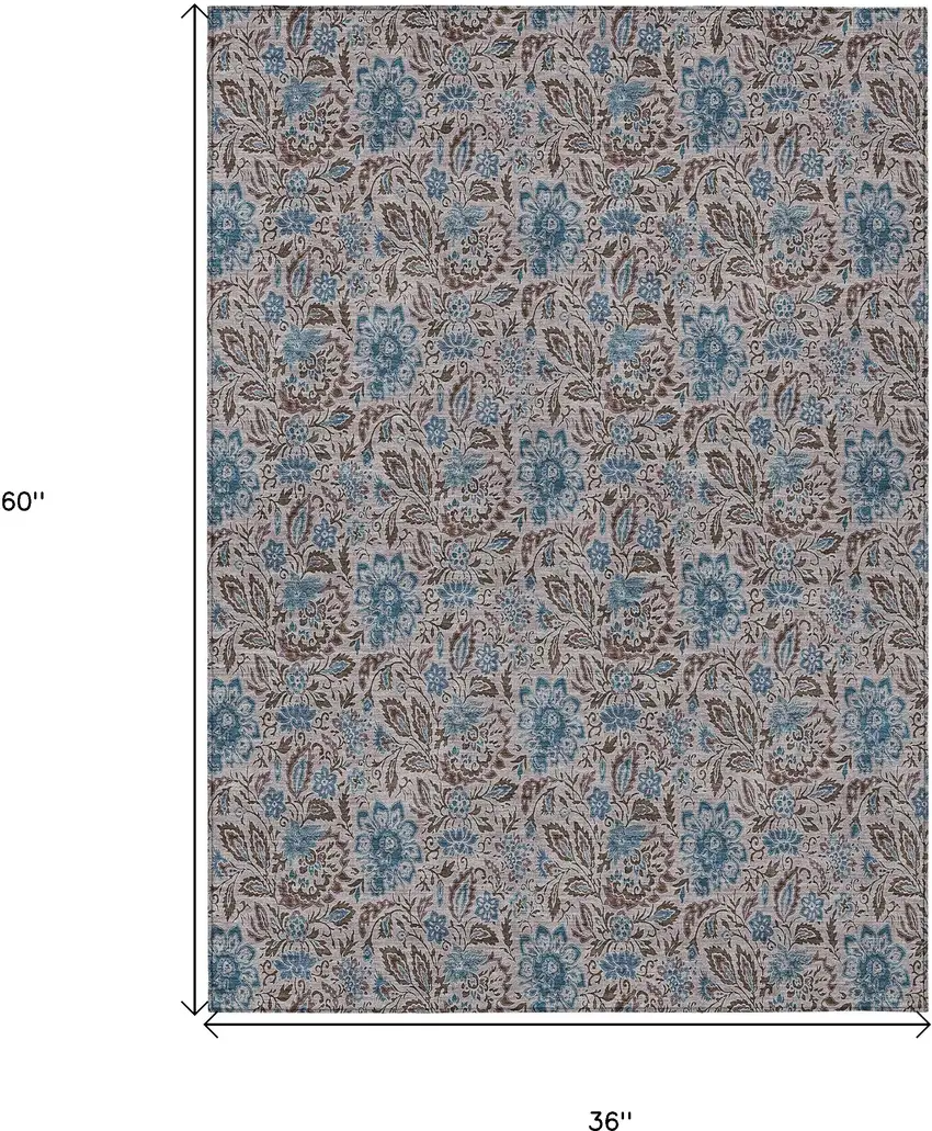 Brown And Blue Floral Washable Indoor Outdoor Area Rug Photo 3