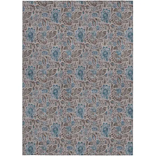 Brown And Blue Floral Washable Indoor Outdoor Area Rug Photo 7