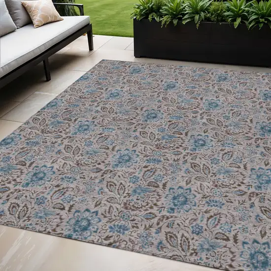 Brown And Blue Floral Washable Indoor Outdoor Area Rug Photo 1
