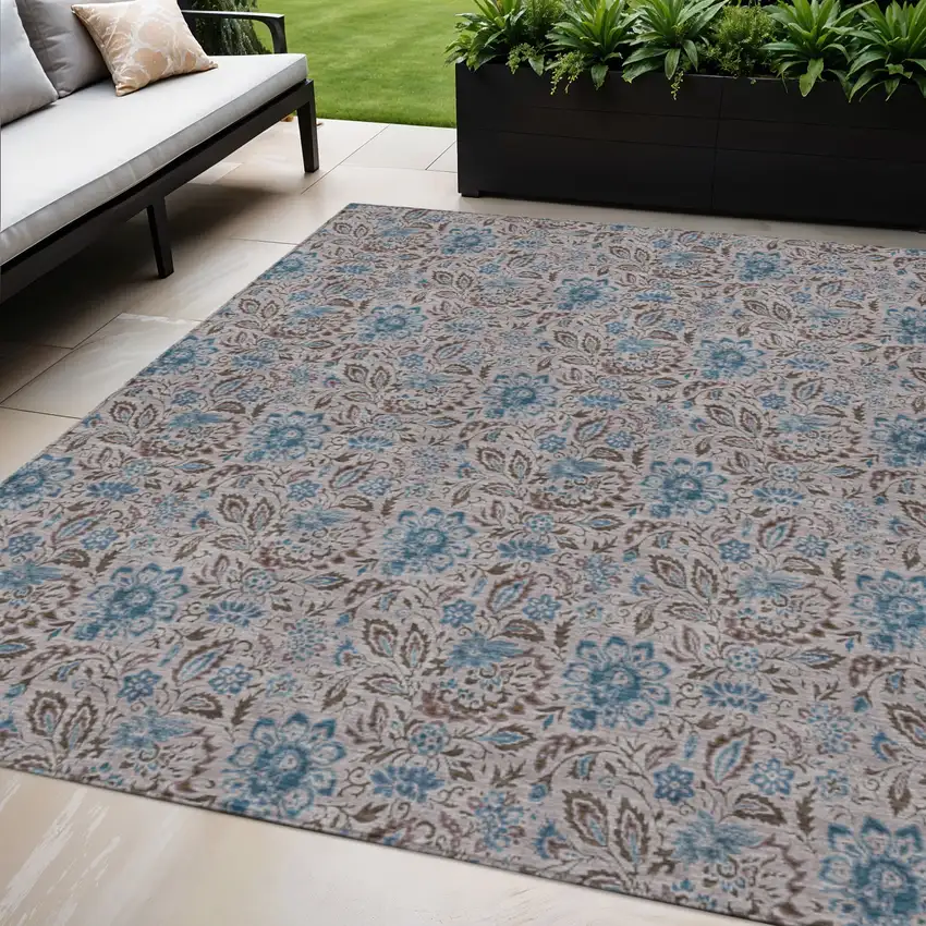 Brown And Blue Floral Washable Indoor Outdoor Area Rug Photo 1