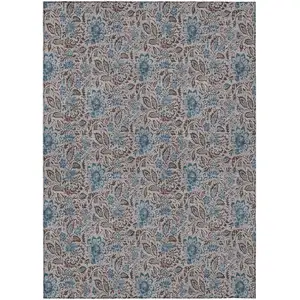 Photo of Brown And Blue Floral Washable Indoor Outdoor Area Rug