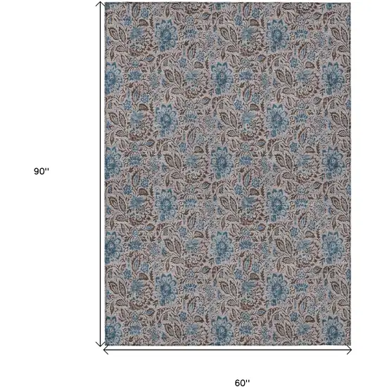 Brown And Blue Floral Washable Indoor Outdoor Area Rug Photo 3
