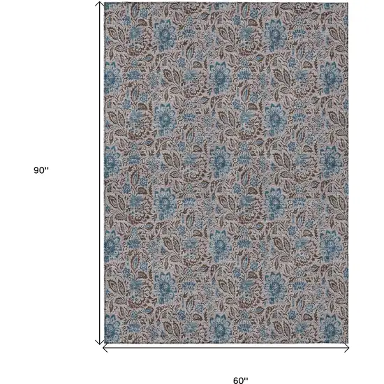 Brown And Blue Floral Washable Indoor Outdoor Area Rug Photo 3