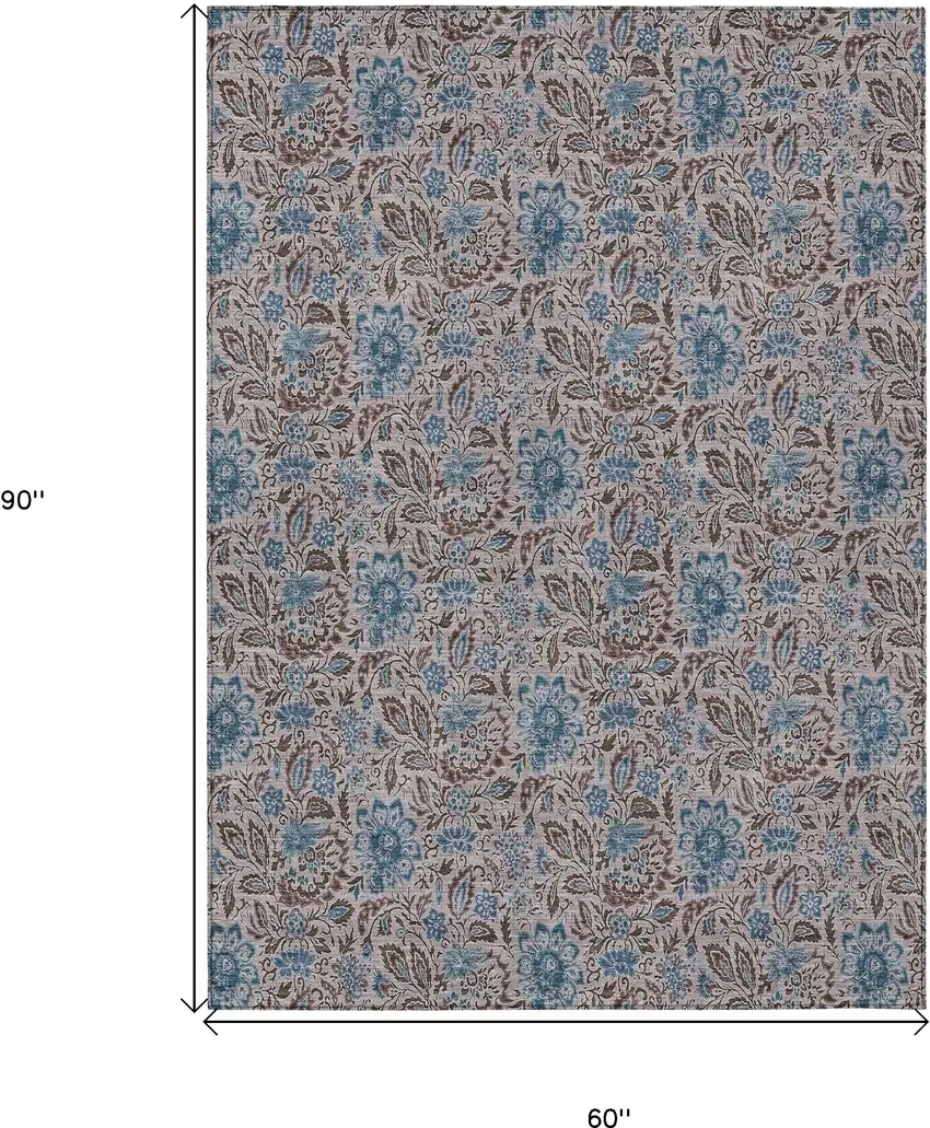 Brown And Blue Floral Washable Indoor Outdoor Area Rug Photo 3