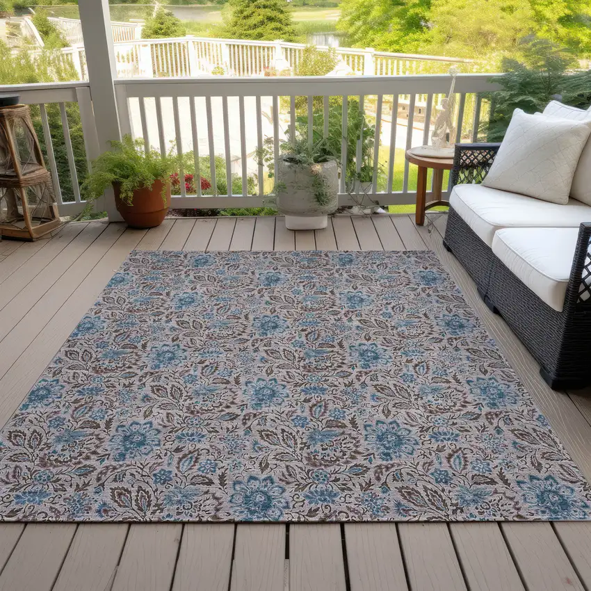 Brown And Blue Floral Washable Indoor Outdoor Area Rug Photo 8