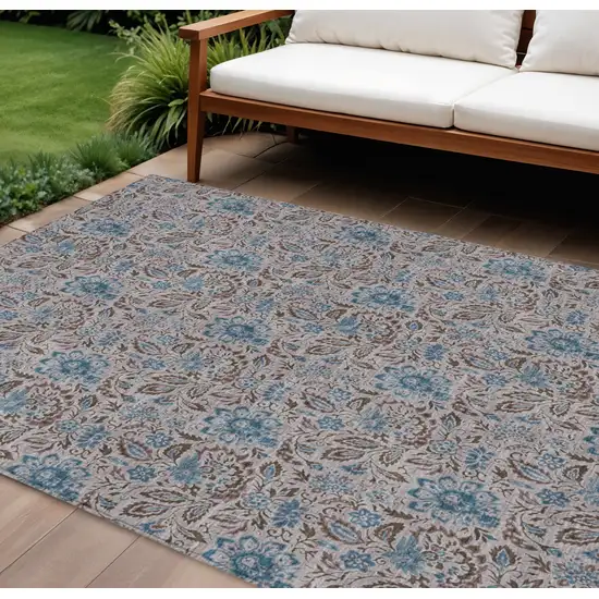 Brown And Blue Floral Washable Indoor Outdoor Area Rug Photo 1