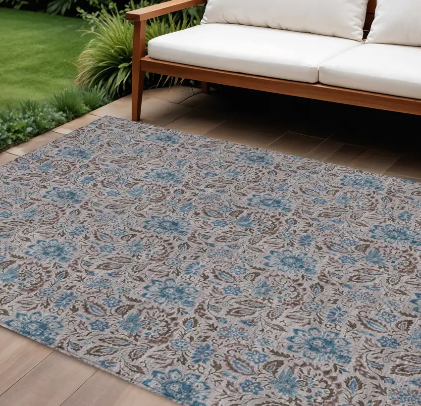 Brown And Blue Floral Washable Indoor Outdoor Area Rug Photo 1