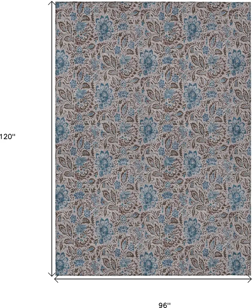 Brown And Blue Floral Washable Indoor Outdoor Area Rug Photo 3