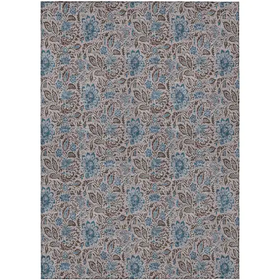 Brown And Blue Floral Washable Indoor Outdoor Area Rug Photo 2