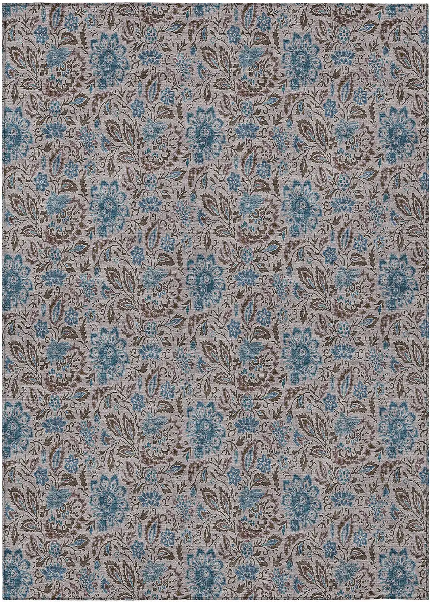 Brown And Blue Floral Washable Indoor Outdoor Area Rug Photo 2