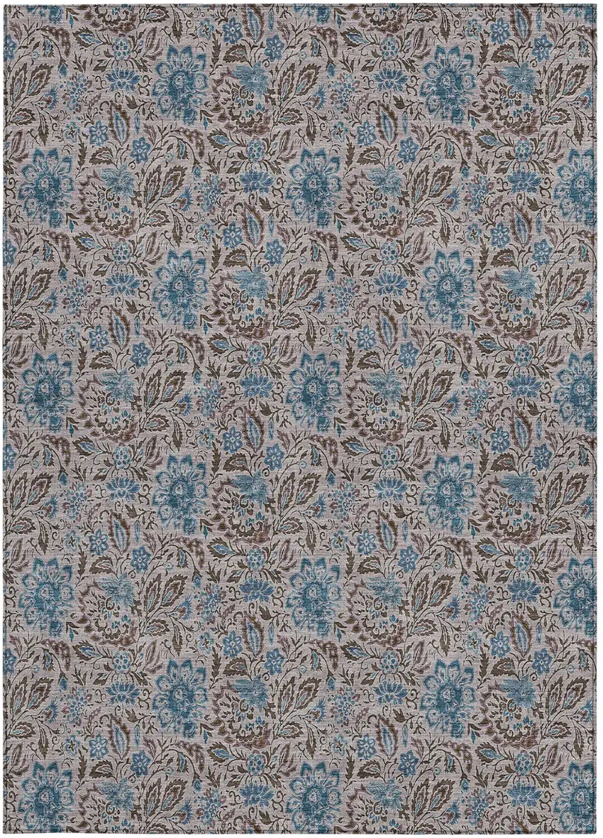 Brown And Blue Floral Washable Indoor Outdoor Area Rug Photo 7