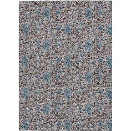 Brown And Blue Floral Washable Indoor Outdoor Area Rug Photo 7