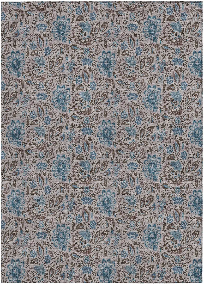 Brown And Blue Floral Washable Indoor Outdoor Area Rug Photo 7