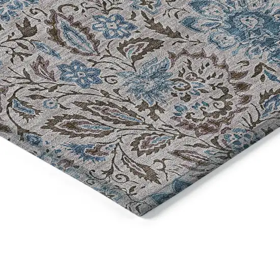 Brown And Blue Floral Washable Indoor Outdoor Area Rug Photo 4