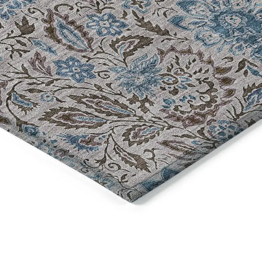 Brown And Blue Floral Washable Indoor Outdoor Area Rug Photo 4
