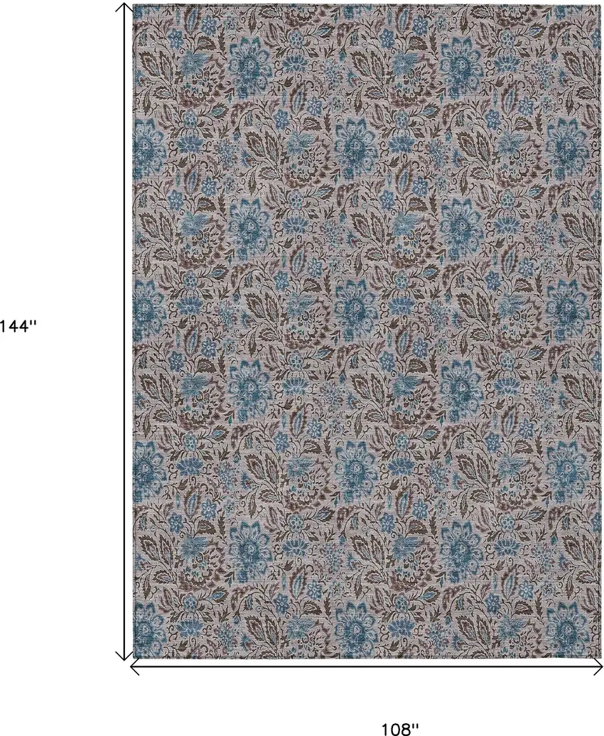 Brown And Blue Floral Washable Indoor Outdoor Area Rug Photo 3