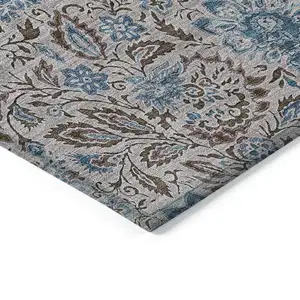 Photo of Brown And Blue Floral Washable Indoor Outdoor Area Rug