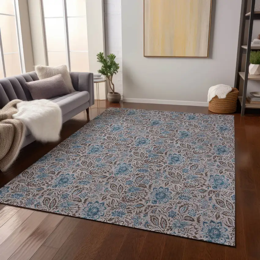 Brown And Blue Floral Washable Indoor Outdoor Area Rug Photo 9