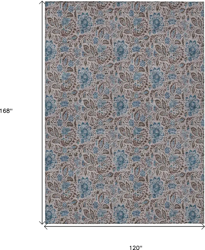 Brown And Blue Floral Washable Indoor Outdoor Area Rug Photo 3