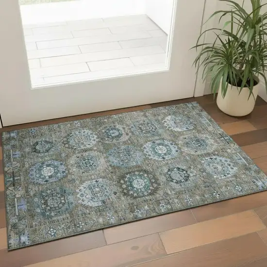 Brown And Blue Medallion Washable Area Rug With UV Protection Photo 2