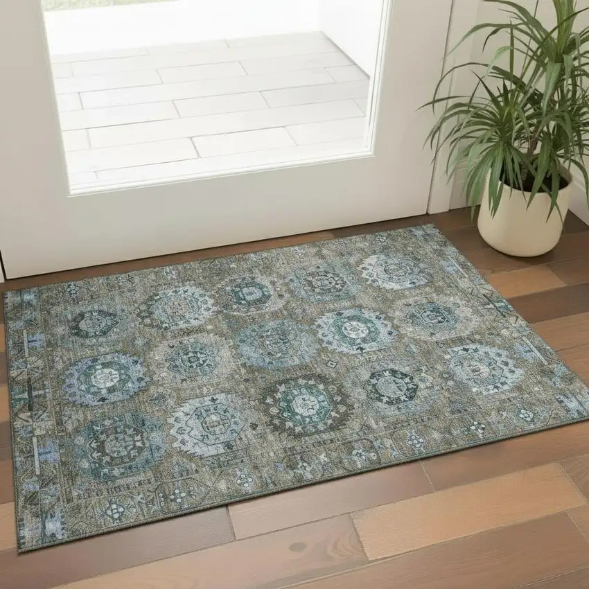 Brown And Blue Medallion Washable Area Rug With UV Protection Photo 2